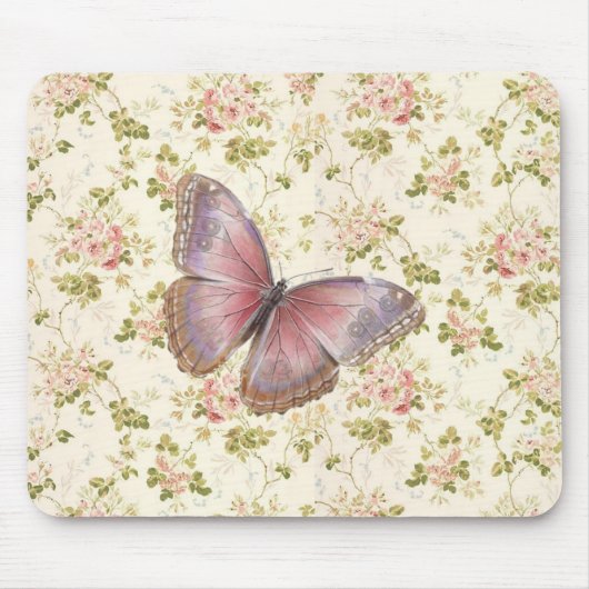 Shabby Chic Pink Butterfly Floral Mousepad (Vorne)