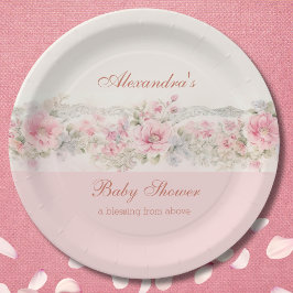 Shabby Chic Pink Floral Christian Baby Shower Pappteller
