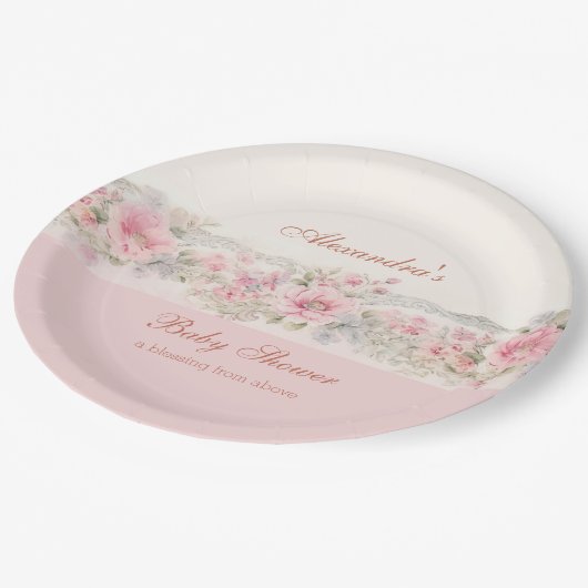 Shabby Chic Pink Floral Christian Baby Shower Pappteller (Schrägansicht)