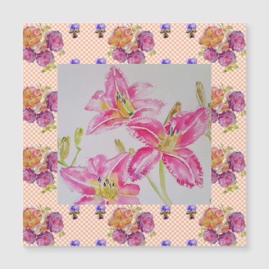Shabby Chic pink Lily Floral Blume Gingham Rose Magnetkarte (Vorderseite)
