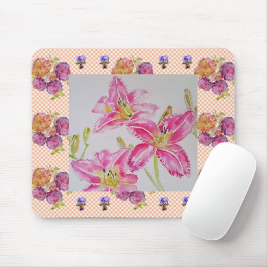 Shabby Chic pink Lily Floral Blume Gingham Rose Mousepad (Mit Mouse)