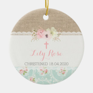 Shabby Chic Pink, Mint, Lace & Burlap Religiöse Keramik Ornament