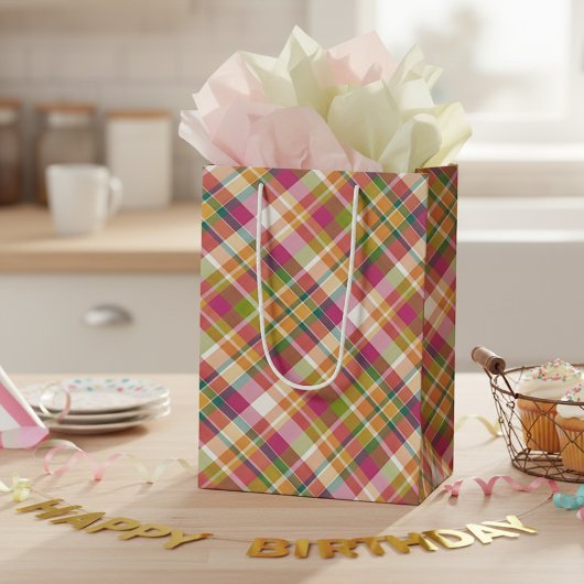 Shabby Chic Pink Orange Green Gingham Mittlere Geschenktüte