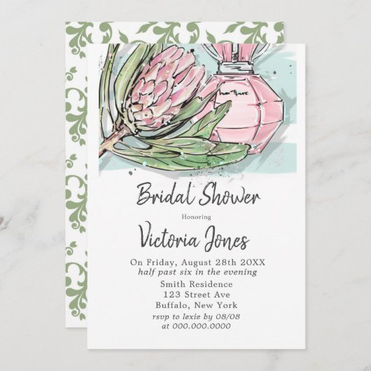 Shabby Chic Pink Protea Parfüm Brautparty Einladung (Vorne/Hinten)