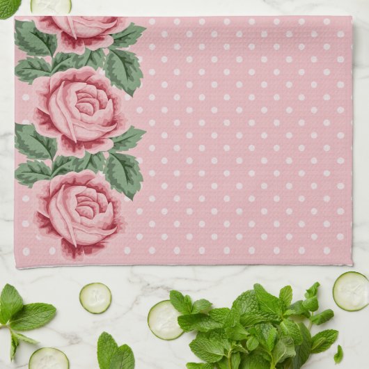 Shabby Chic Pink Rose Polka Dot Mit Monogramm Geschirrtuch (Gefaltet)