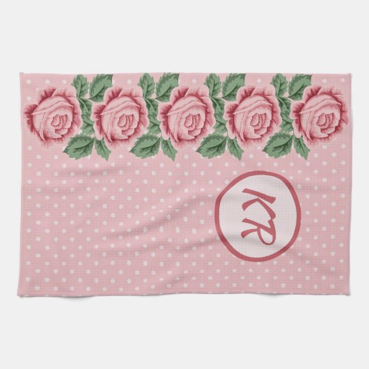 Shabby Chic Pink Rose Polka Dot Mit Monogramm Geschirrtuch (Horizontal)