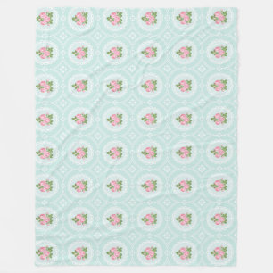 Shabby Chic Pink Roses Aquamarin Groß Fleecedecke