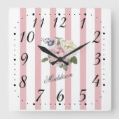 Shabby Chic Pink Striped Rose Bouquet Monogrammed Quadratische Wanduhr (Vorderseite)