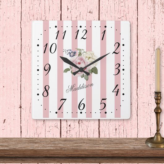 Shabby Chic Pink Striped Rose Bouquet Monogrammed Quadratische Wanduhr