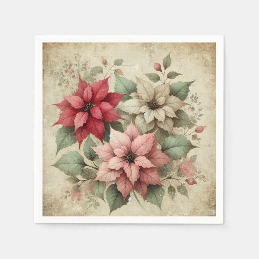 Shabby Chic Poinsettias auf Linen Decoupage Napkin Serviette (Vorderseite)