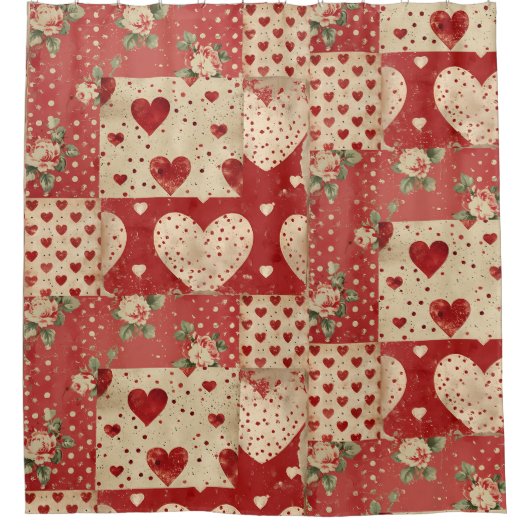 Shabby Chic Red Patchwork Pattern Duschvorhang (Vorderseite)