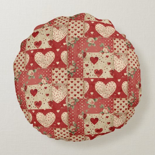 Shabby Chic Red Patchwork Pattern Rundes Kissen (Rückseite)