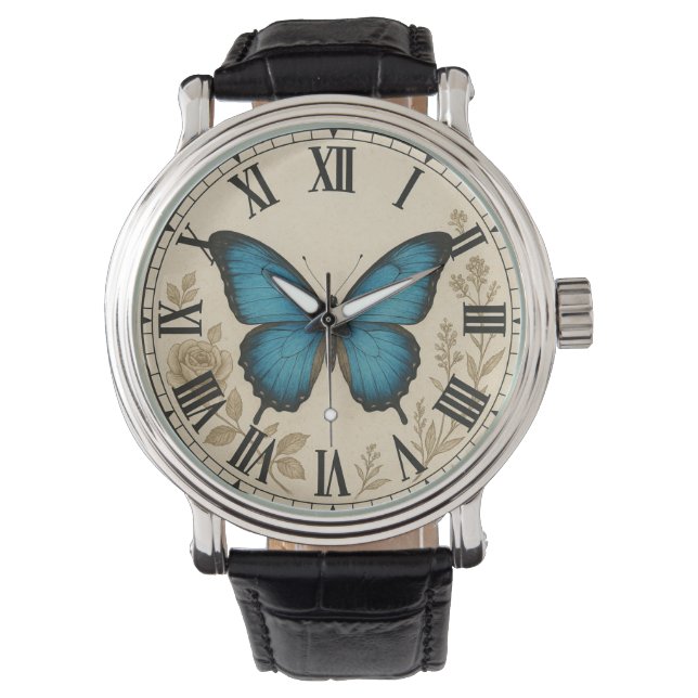 Shabby chic romantic garden Vintage butterfly  Armbanduhr (Vorderseite)