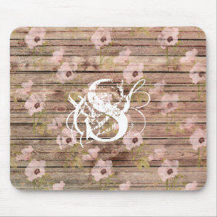 Shabby Chic Rosa Blumenmuster Holz Monogramm Mousepad