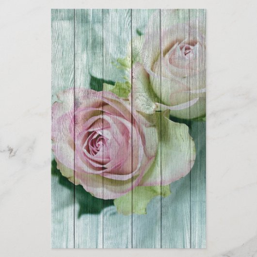 Shabby Chic Rosa Rosen auf blauem Holz Briefpapier (Vorderseite)