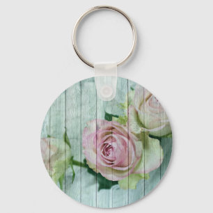 Shabby Chic Rosa Rosen auf blauem Holz Schlüsselanhänger