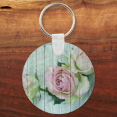 Shabby Chic Rosa Rosen auf blauem Holz Schlüsselanhänger (Vorderseite)