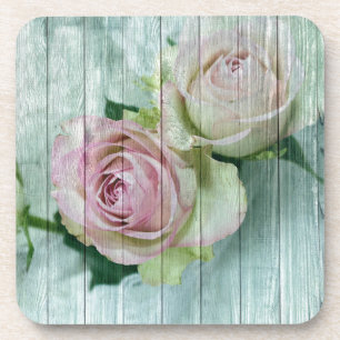 Shabby Chic Rosa Rosen auf blauem Holz Untersetzer