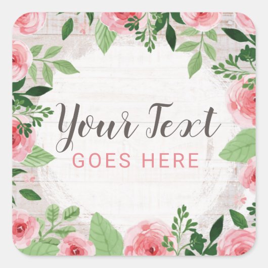 Shabby Chic Rosa Rosen auf rustikalem Stallholz Quadratischer Aufkleber (Vorderseite)