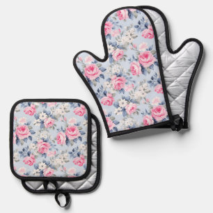 Shabby-Chic-Rosa-Rosen-weiße-Blumen-Muster Ofenhandschuh & Topflappen-Set