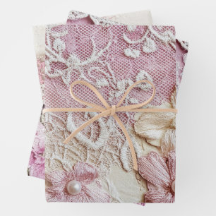Shabby Chic Rosa Spitze  Geschenkpapier Set