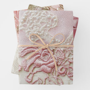 Shabby Chic Rosa Spitze  Geschenkpapier Set