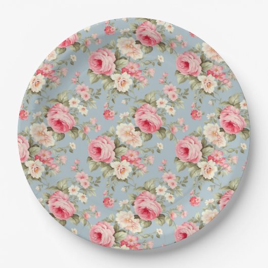 Shabby Chic Rosa und Blaue Hütte Rose Pappteller (Vorderseite)