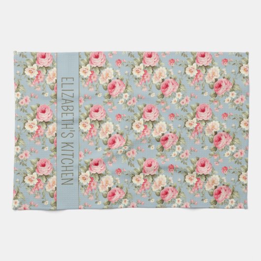 Shabby Chic Rosa und Blaue Hütte Rose und Blume Geschirrtuch (Horizontal)