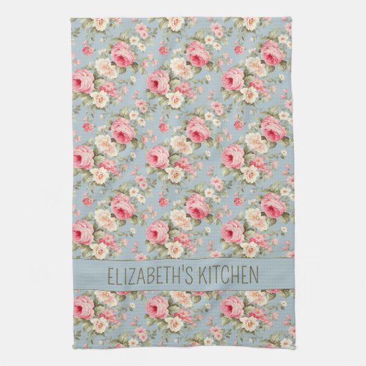Shabby Chic Rosa und Blaue Hütte Rose und Blume Geschirrtuch (Vertikal)