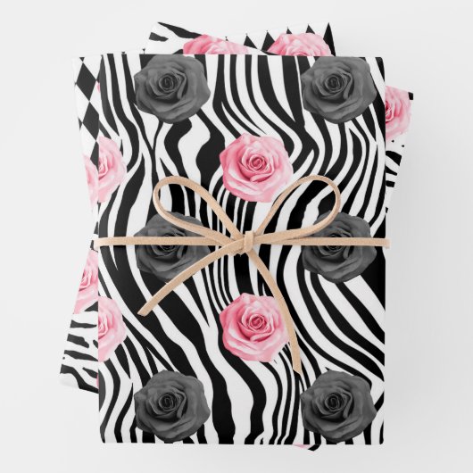 Shabby Chic Rosa und schwarze Rose Zebra Streifen Geschenkpapier Set (Beispiel)