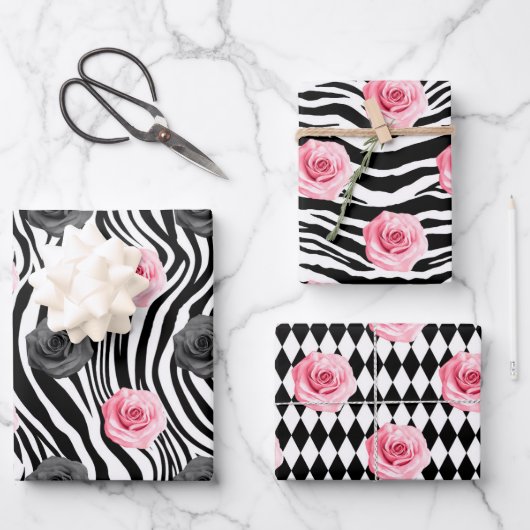 Shabby Chic Rosa und schwarze Rose Zebra Streifen Geschenkpapier Set (Vorderseite)
