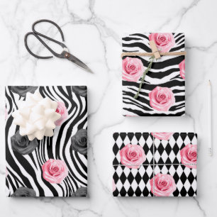 Shabby Chic Rosa und schwarze Rosen Zebrastreifen Geschenkpapier Set