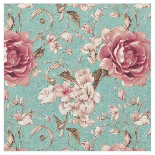 Shabby Chic Rosa und Weiß Florals auf aquamarinen Stoff (Nahaufnahme)
