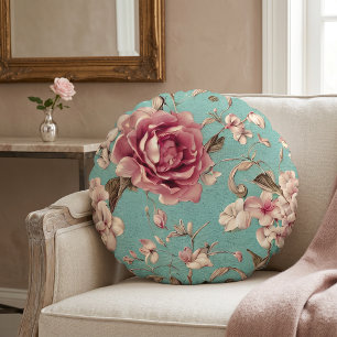 Shabby Chic Rosa und Weiße Blumen auf Türkis Rundes Kissen