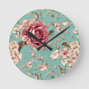 Shabby Chic Rosa und Weiße Blüten auf Türkis Runde Wanduhr