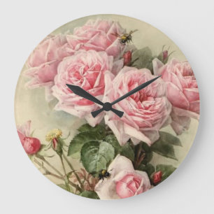 Shabby Chic-rosa viktorianische Rosen Große Wanduhr
