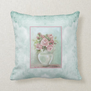 Shabby Chic Rosa Vintage Rosen auf Türkis Kissen