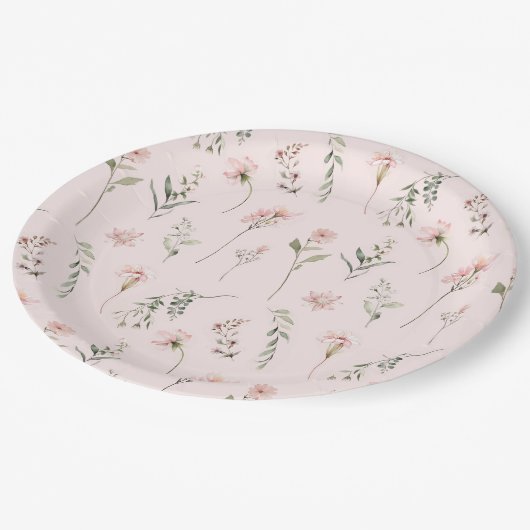 Shabby Chic Rosa Wildblume Salbei Grün Pappteller (Schrägansicht)