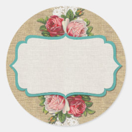 Shabby Chic-Rose auf Vintagem Lace & Rustikalem Bu Runder Aufkleber