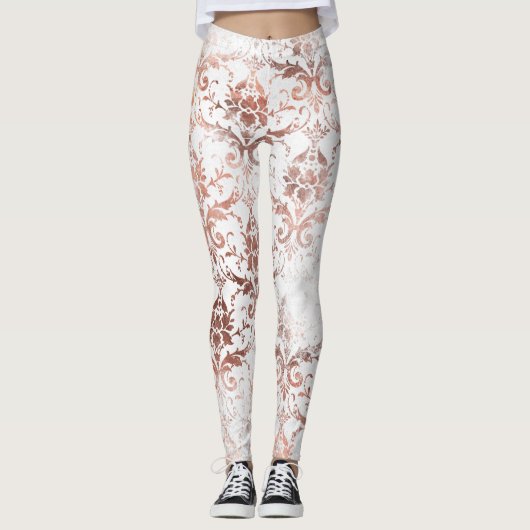 Shabby Chic Rose Gold und Weißer bedrückter Damast Leggings (Vorderseite)