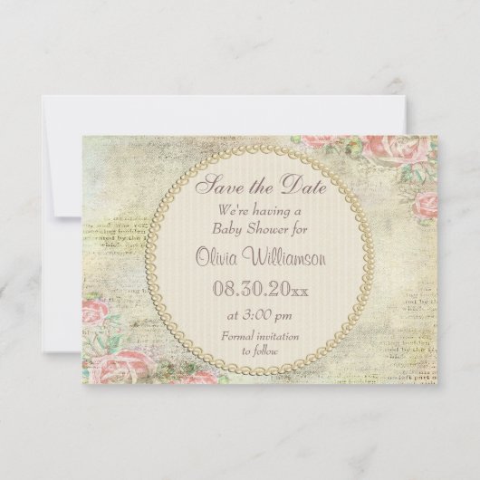 Shabby Chic Rose Kinderdusche Save the Date (Rückseite)