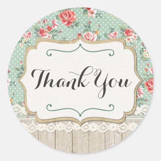 Shabby Chic Rose, Lace & Burlap Burlap Vielen Dank Runder Aufkleber (Vorderseite)