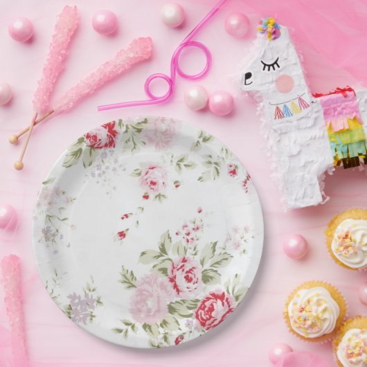Shabby Chic-Rose mit Blumen Pappteller (Party)