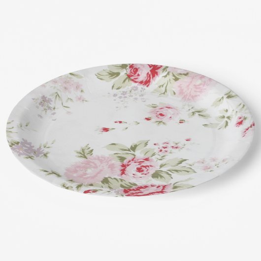 Shabby Chic-Rose mit Blumen Pappteller (Schrägansicht)