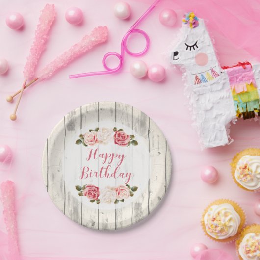 Shabby Chic Rose Rustikales Holz glücklich Geburts Pappteller (Party)