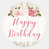 Shabby Chic Rose Rustikales Holz glücklich Geburts Runder Aufkleber (Vorderseite)