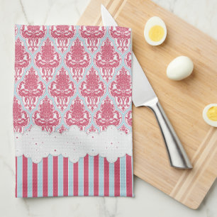 Shabby Chic Rose und blaues Damast & Streifen Küchentuch