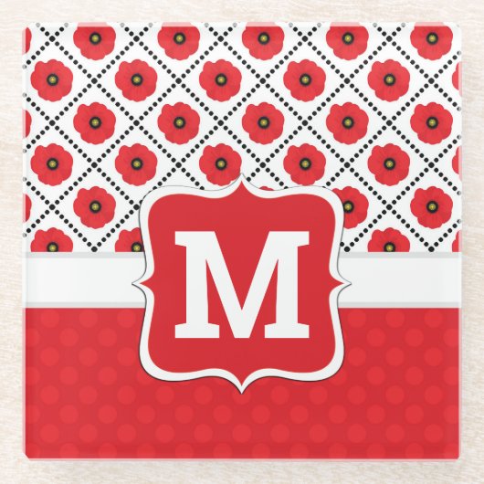 Shabby Chic Rot, Schwarz und Weiß Pupien Monogramm Glasuntersetzer (Vorderseite)