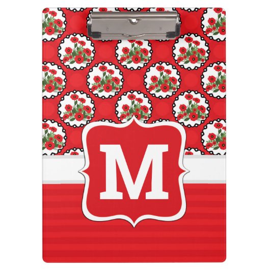 Shabby Chic Rot, Schwarz und Weiß Pupien Monogramm Klemmbrett (Vorderseite)