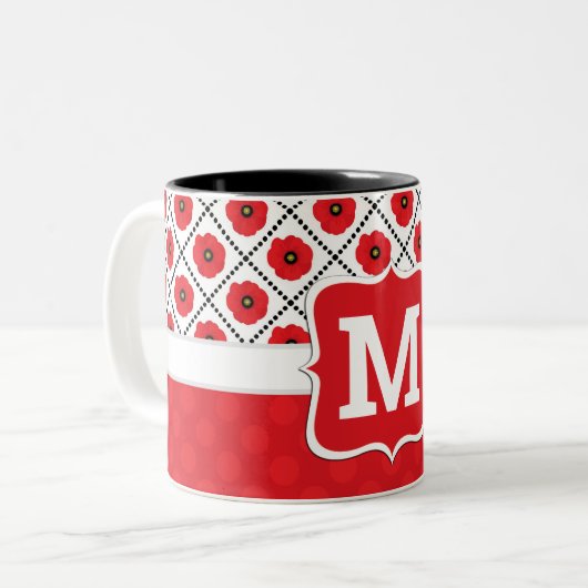 Shabby Chic Rot, Schwarz und Weiß Pupien Monogramm Zweifarbige Tasse (Vorderseite Links)